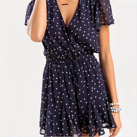 Trixxi Navy Blue with White Polka Dot Short Sleeve Ruffled Romper size S - Picture 1 of 5